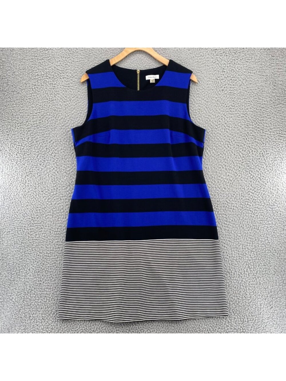 Calvin Klein Dress Womens 14 Blue Black Striped Mini Shift Stretch Sleeveless
